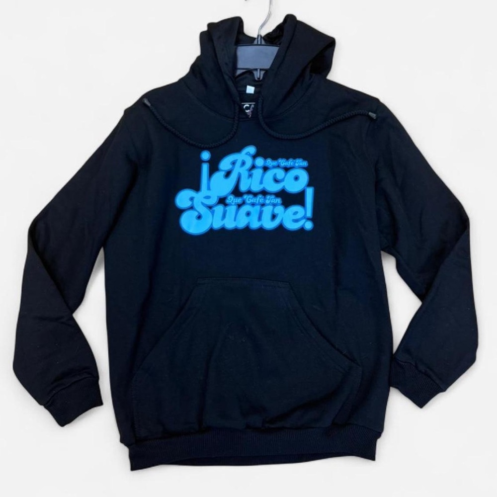 Black Hoodie with Bright Blue "¡Rico Suave!" Graphic